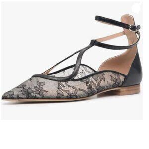 FSJ Black Lace Flower Chunky Low Heel Flat Cross Ankle Strap Buckle Ladies Shoes